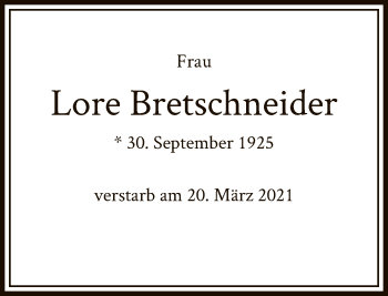 Traueranzeige von Lore Bretschneider von FNP