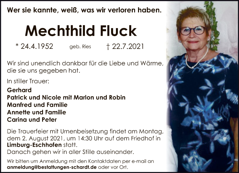  Traueranzeige für Mechthild Fluck vom 31.07.2021 aus FNP