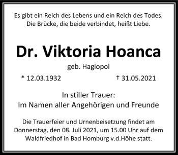 Traueranzeige von Viktoria Hoanca von FNP