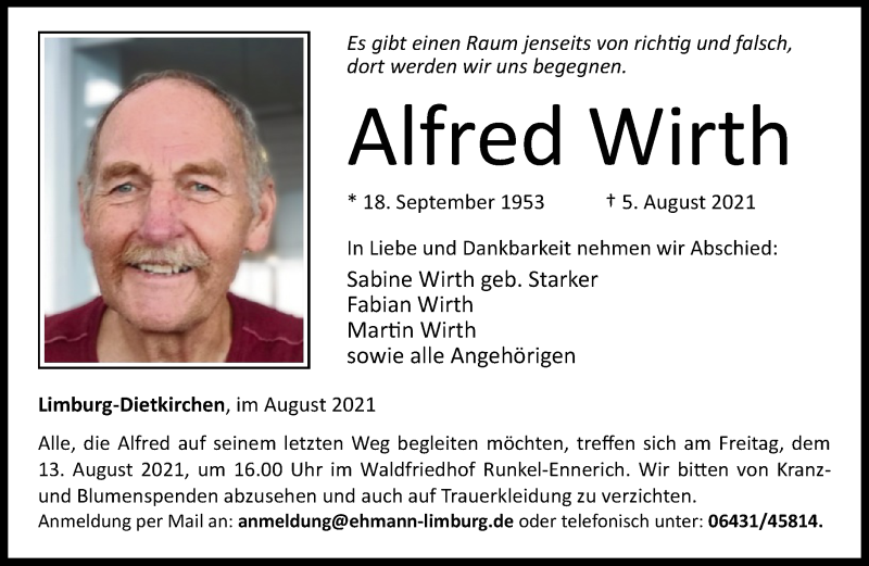  Traueranzeige für Alfred Wirth vom 10.08.2021 aus FNP