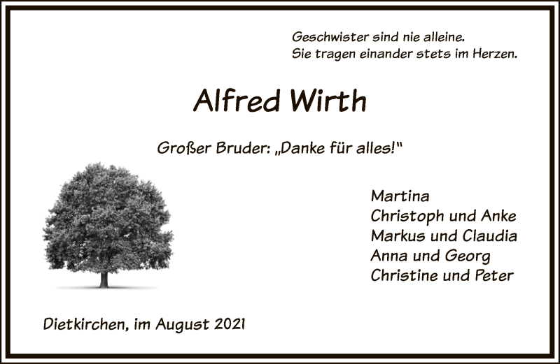  Traueranzeige für Alfred Wirth vom 10.08.2021 aus FNP