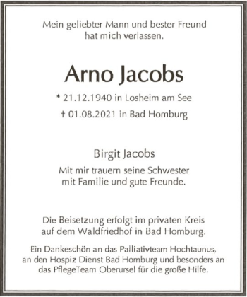 Traueranzeige von Arno Jacobs von FNP