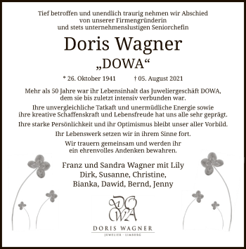 Traueranzeige von Doris Wagner von FNP