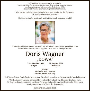 Traueranzeige von Doris Wagner von FNP