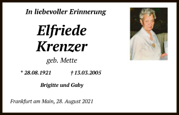 Traueranzeige von Elfriede Krenzer von FNP