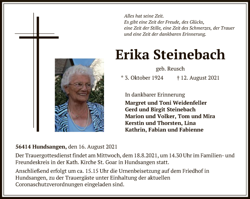 Traueranzeigen von Erika Steinebach | trauer-rheinmain.de