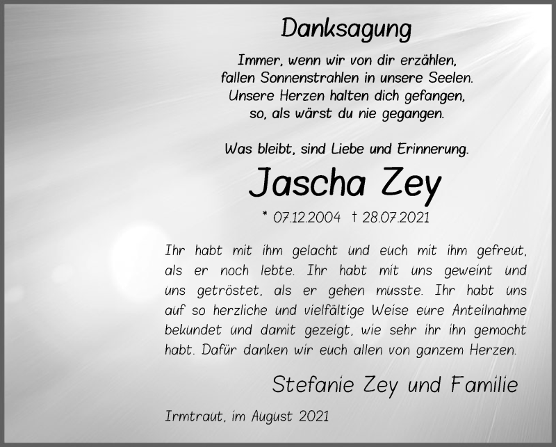  Traueranzeige für Jascha Zey vom 21.08.2021 aus FNP
