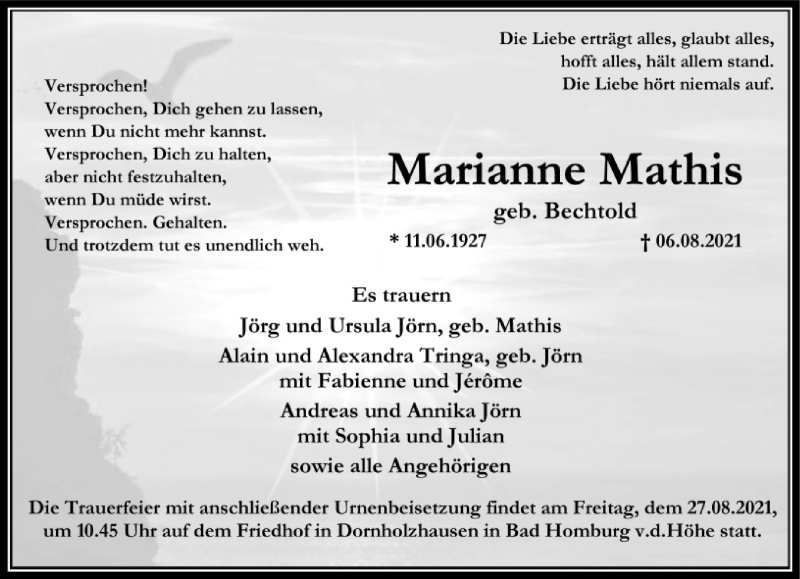  Traueranzeige für Marianne Mathis vom 18.08.2021 aus FNP