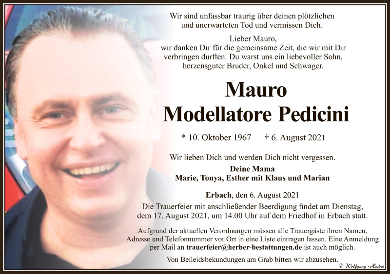  Traueranzeige für Mauro Modellatore Pedicini vom 13.08.2021 aus FNP