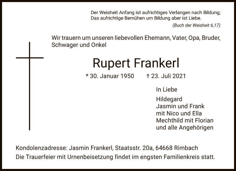  Traueranzeige für Rupert Frankerl vom 07.08.2021 aus FNP