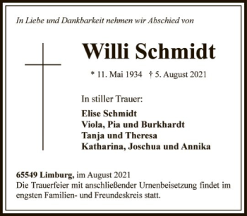 Traueranzeige von Willi Schmidt von FNP