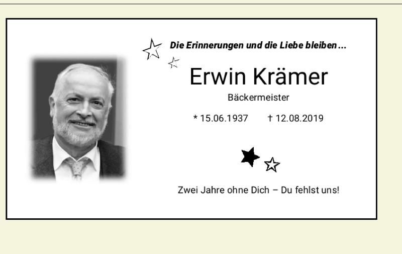  Traueranzeige für Erwin Krämer vom 07.09.2021 aus 