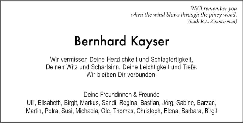  Traueranzeige für Bernhard Kayser vom 18.09.2021 aus FNP
