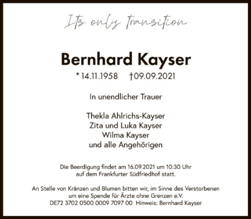  Traueranzeige für Bernhard Kayser vom 14.09.2021 aus FNP