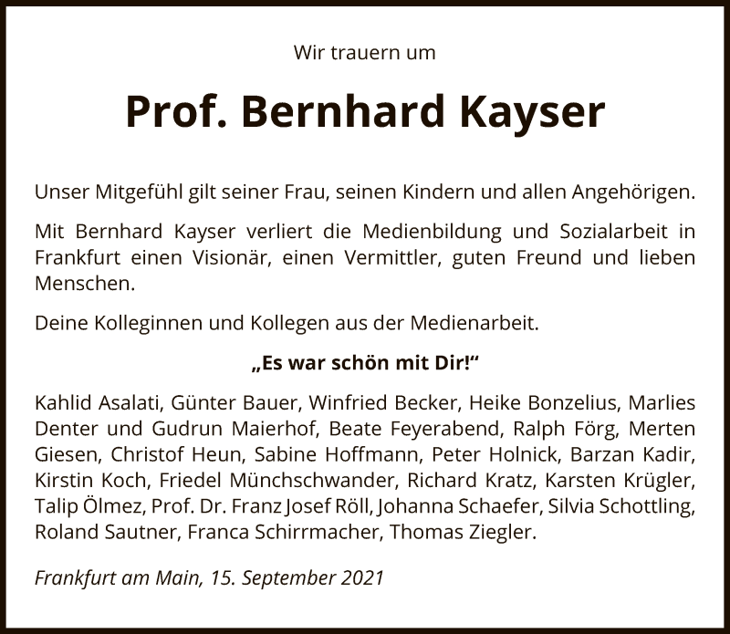  Traueranzeige für Bernhard Kayser vom 15.09.2021 aus FNP