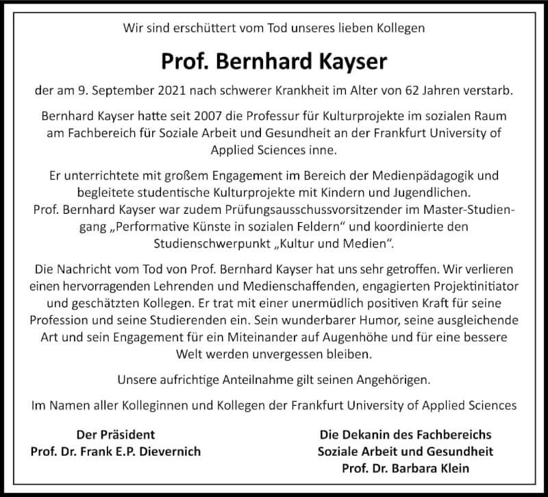  Traueranzeige für Bernhard Kayser vom 17.09.2021 aus FNP
