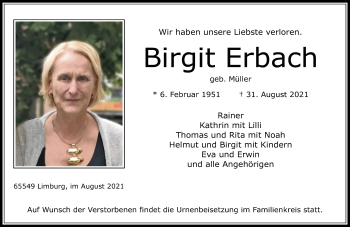 Traueranzeige von Birgit Erbach von FNP