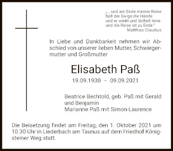 Traueranzeige von Elisabeth Paß von FNP