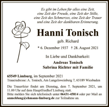 Traueranzeige von Hanni Tonisch von FNP