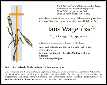 Traueranzeige von Hans Wagenbach von FNP