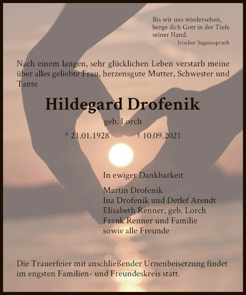  Traueranzeige für Hildegard Drofenik vom 16.09.2021 aus FNP