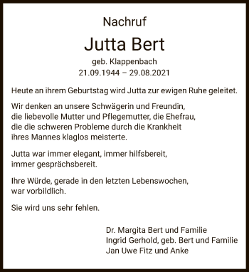 Traueranzeige von Jutta Bert von FNP