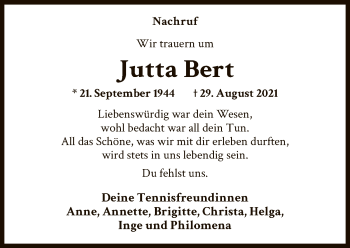 Traueranzeige von Jutta Bert von FNP