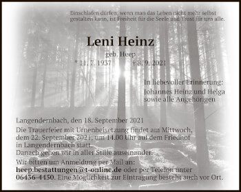 Traueranzeige von Leni Heinz von FNP