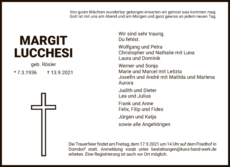  Traueranzeige für Margit Lucchesi vom 15.09.2021 aus FNP