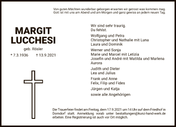 Traueranzeige von Margit Lucchesi von FNP