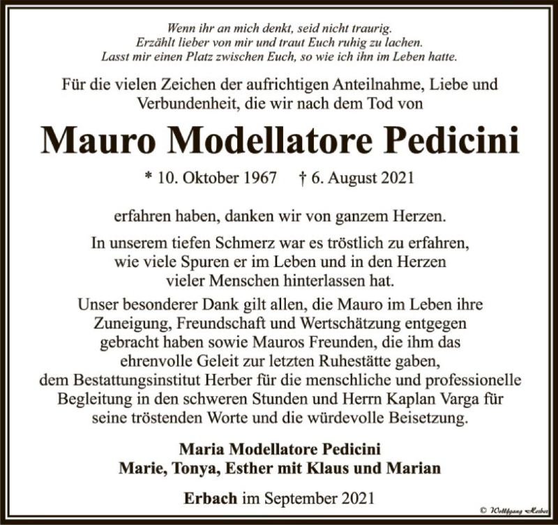  Traueranzeige für Mauro Modellatore Pedicini vom 02.09.2021 aus FNP