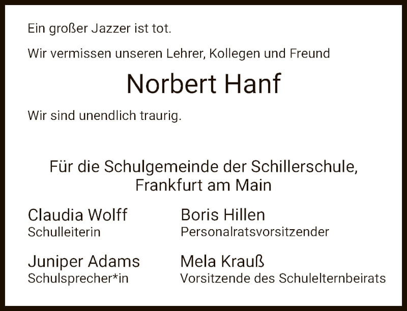  Traueranzeige für Norbert Hanf vom 16.09.2021 aus FNP