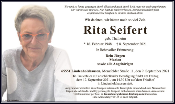 Traueranzeige von Rita Seifert von FNP