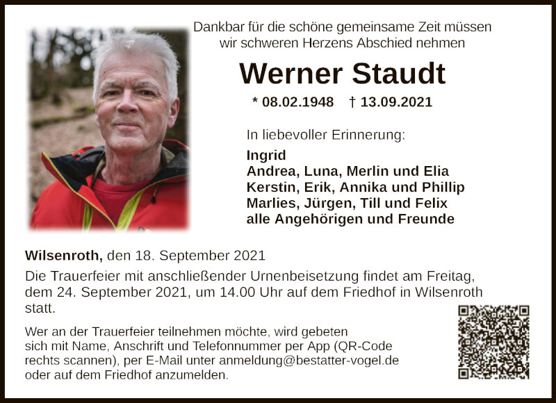  Traueranzeige für Werner Staudt vom 18.09.2021 aus FNP