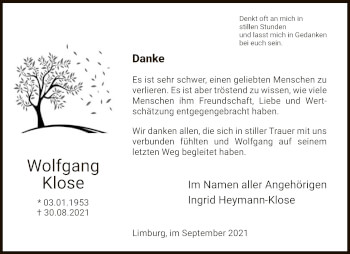 Traueranzeige von Wolfgang Klose von FNP