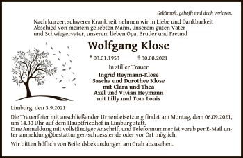 Traueranzeige von Wolfgang Klose von FNP