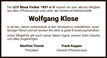 Traueranzeige von Wolfgang Klose von FNP