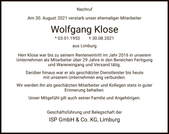 Traueranzeige von Wolfgang Klose von FNP