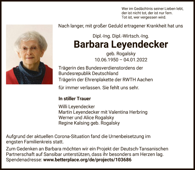  Traueranzeige für Barbara Leyendecker vom 22.01.2022 aus FNP