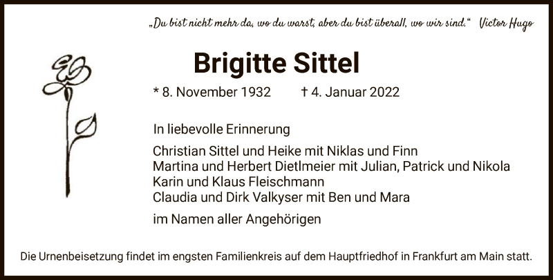  Traueranzeige für Brigitte Sittel vom 15.01.2022 aus FNP