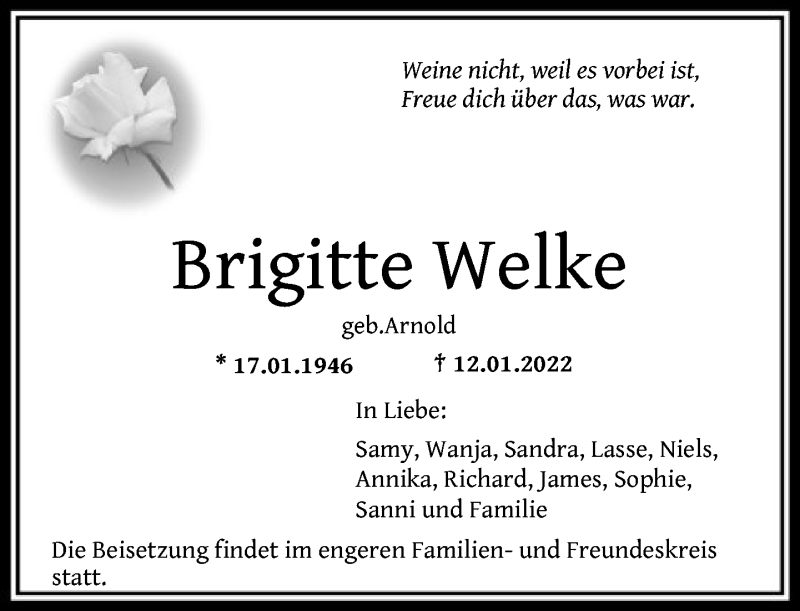  Traueranzeige für Brigitte Welke vom 15.01.2022 aus FNP