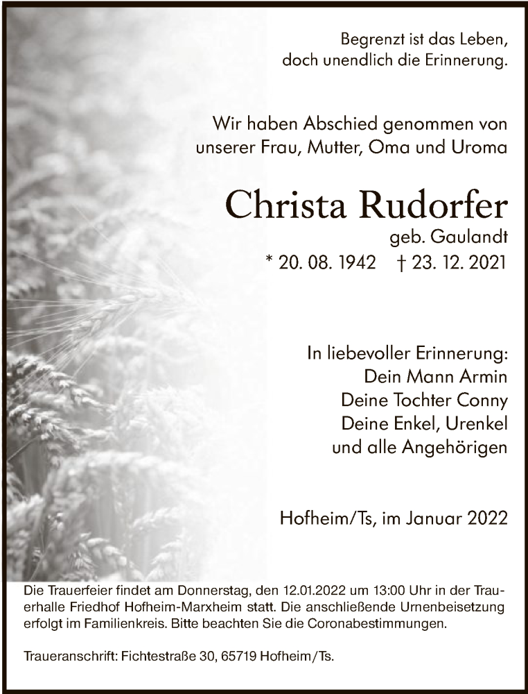  Traueranzeige für Christa Rudorfer vom 08.01.2022 aus FNP
