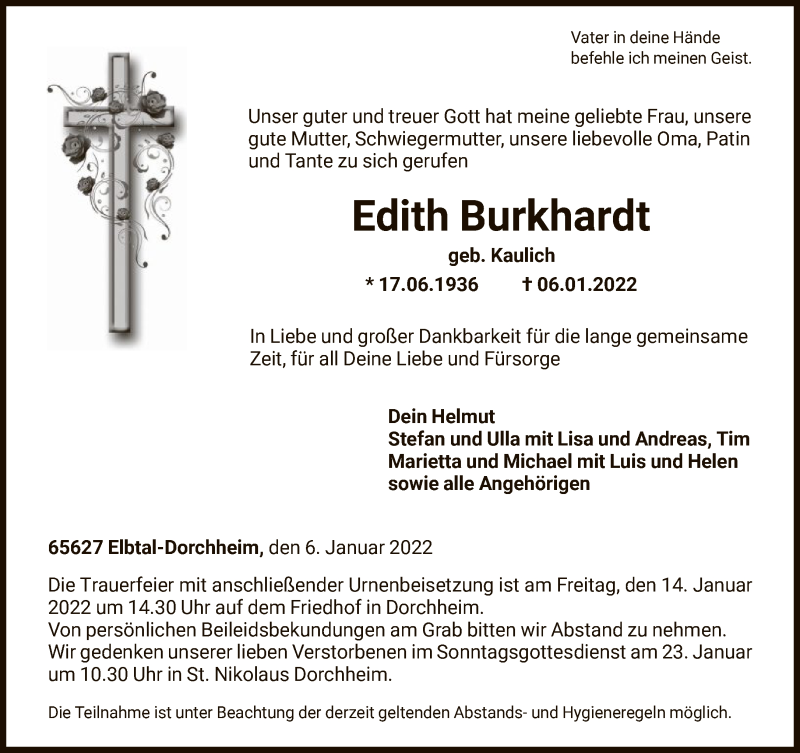  Traueranzeige für Edith Burkhardt vom 11.01.2022 aus FNP