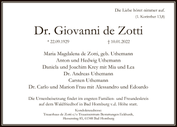 Traueranzeige von Giovanni de Zotti von FNP