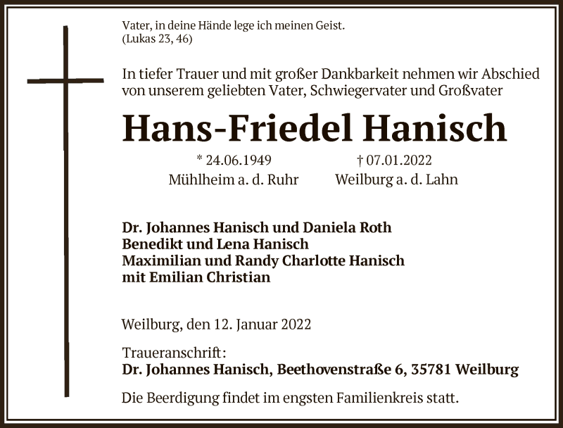  Traueranzeige für Hans-Friedel Hanisch vom 12.01.2022 aus FNP