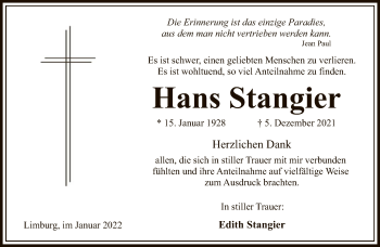 Traueranzeige von Hans Stangier von FNP