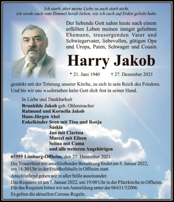 Traueranzeige von Harry Jakob von FNP