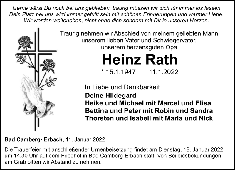  Traueranzeige für Heinz Rath vom 15.01.2022 aus FNP
