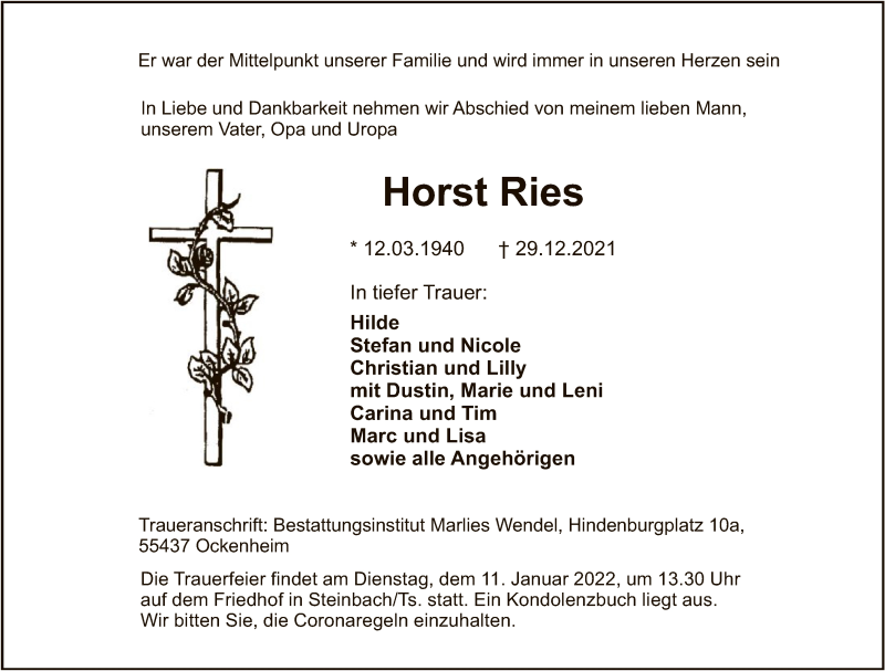  Traueranzeige für Horst Ries vom 08.01.2022 aus FNP