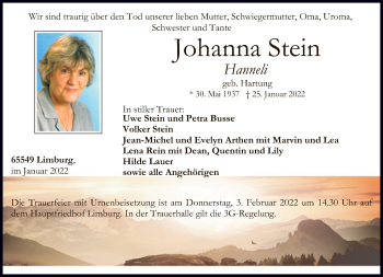 Traueranzeige von Johanna Stein von FNP